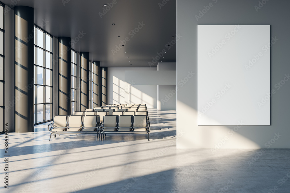 Poster Front view on blank white poster with place for your logo or text on light grey wall in sunlit spacious empty airport waiting area hall with seat rows and concrete floor. 3D rendering, mock up