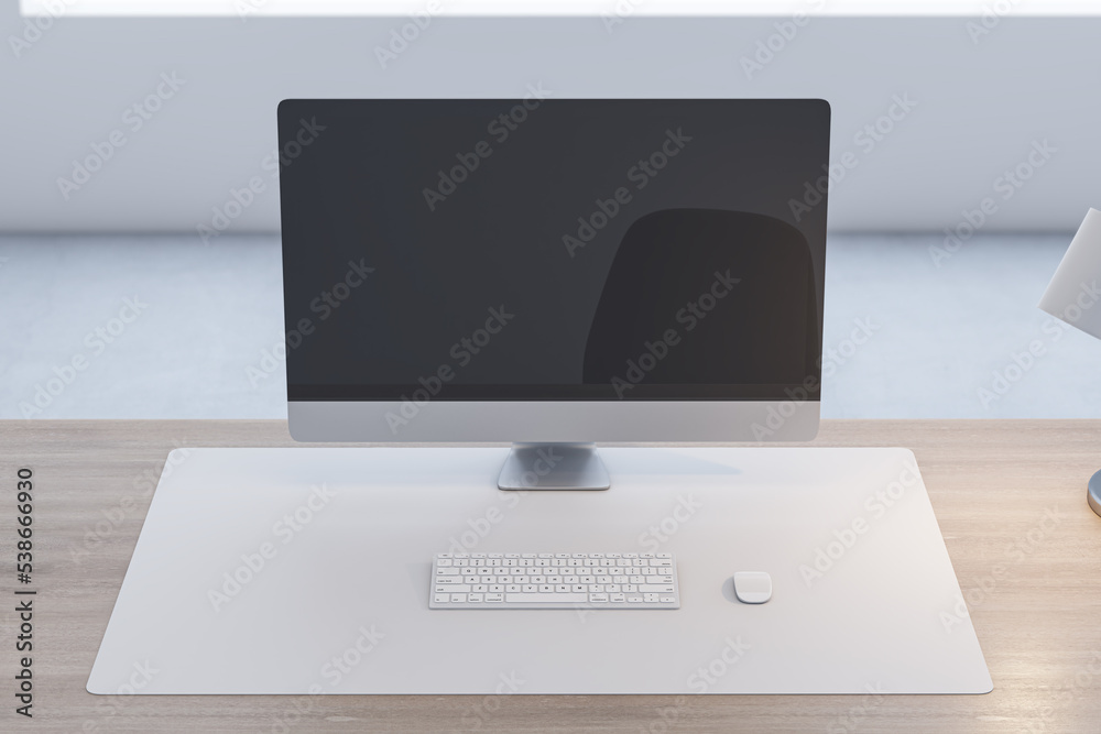 Aufkleber Close up of wooden office desk with empty computer monitor and rfeflections, lamp and keyboard on blurry background. 3D Rendering.