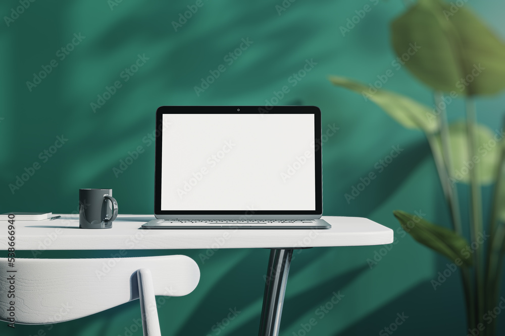 Poster office desktop with empty white laptop screen with mock up place in frame, green wall background wit