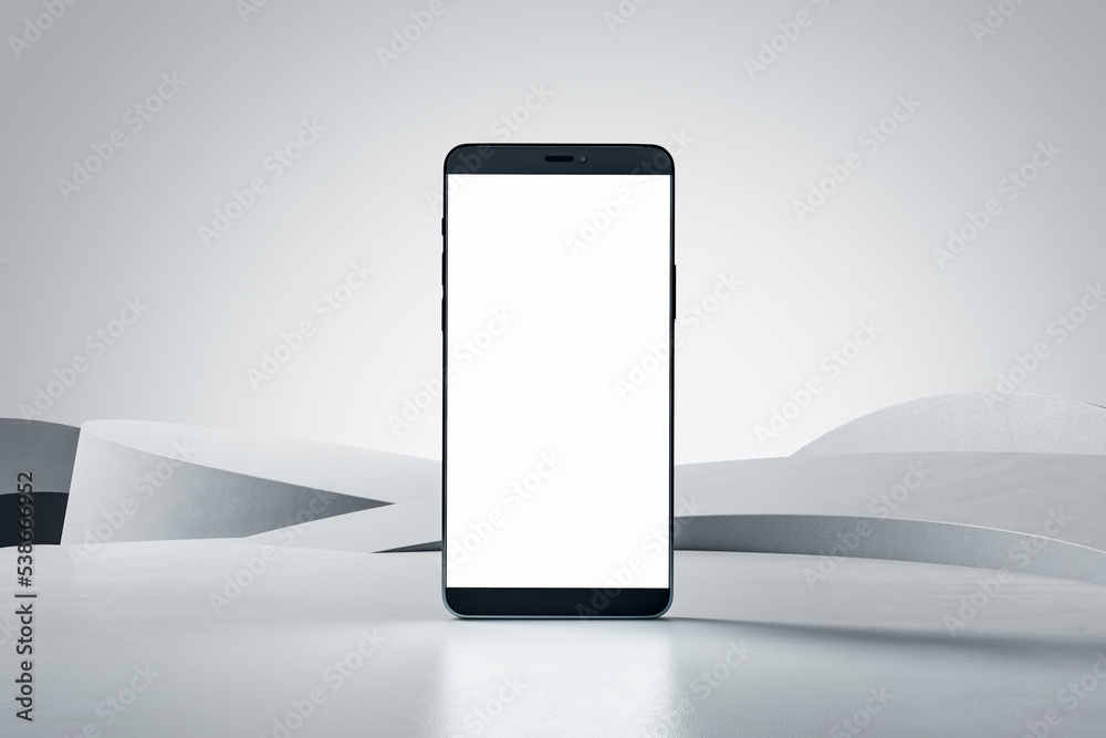 Aufkleber Front view on blank white smartphone screen with place for your logo or text on abstract light grey stylish surface and light blank background. 3D rendering, mockup