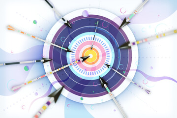 Business target, success and in concept with top view on arrows heading exactly the bulls eye on abstract light background. 3D rendering