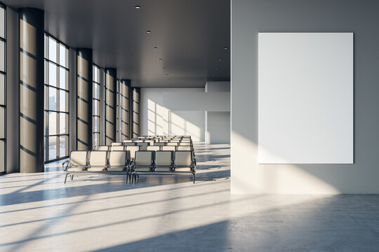 Front view on blank white poster with place for your logo or text on light grey wall in sunlit spacious empty airport waiting area hall with seat rows and concrete floor. 3D rendering, mock up
