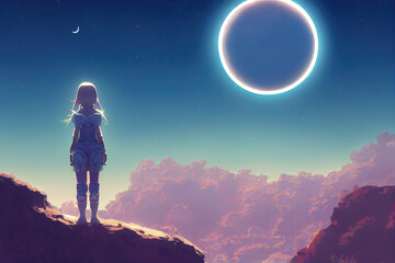 Fototapeta na wymiar standing girl on a hill on a sci fi planet, big moon