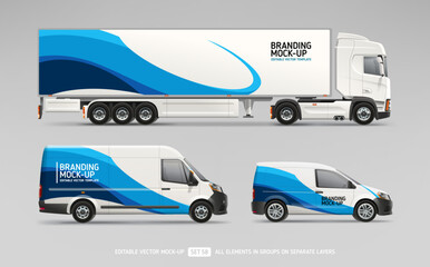 Truck Trailer, Cargo Van, Company Car with abstract brand identity design - mock-up set. Abstract geometric graphics design for company Car. Branding vehicle. Editable Vector Mockup