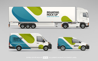 Realistic Truck Trailer, Cargo Van, Company Car with abstract brand identity design - mock-up set. Abstract geometric graphics design for company Car. Branding vehicle. Editable Vector Mockup