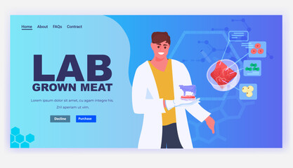 scientist analyzing cultured red raw veal made from animal cells artificial lab grown meat production concept