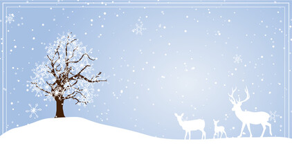 Winter landscape illustration. Abandoned tree in snowy nature, deer, fawn, hind, snowfall. Merry Christmas and Happy New Year card.