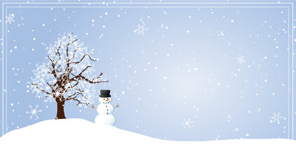 Naklejka premium Winter landscape illustration. Abandoned tree in snowy nature, snowman, snowfall. Merry Christmas and Happy New Year card.