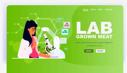 scientist analyzing cultured red raw veal made from animal cells artificial lab grown meat production concept