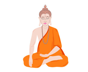 Buddha in an orange cape sits and meditates, vector illustration.