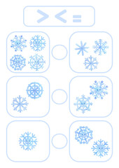 Activity page, sheet for kids. A mathematical task for comparing numbers. Winter game for teaching a child. Exercise with a snowflake pattern. Counting lesson for preschooler more, less, equal