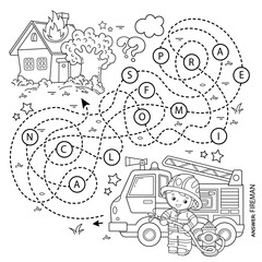 Maze or Labyrinth Game. Puzzle. Tangled road. Coloring Page Outline Of cartoon fireman or firefighter with fire truck. Fire fighting. Coloring book for kids.