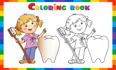 Coloring Page Outline Of cartoon girl with toothbrush and tooth. Dental and oral care. Coloring book for kids.