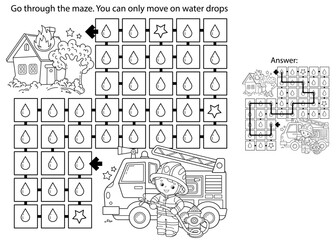 Maze or Labyrinth Game. Puzzle. Coloring Page Outline Of cartoon fireman or firefighter with fire truck. Fire fighting. Coloring book for kids.