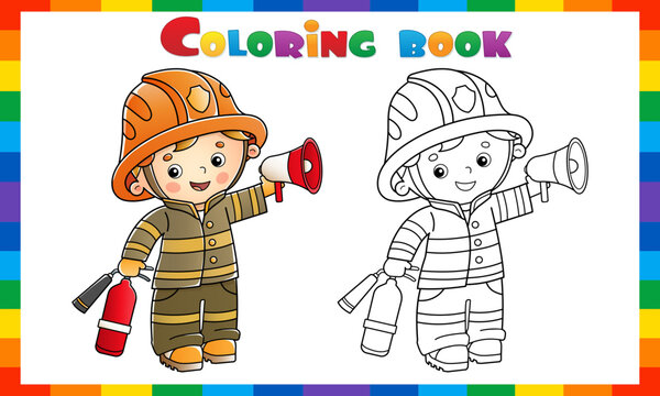 Coloring Page Outline Of cartoon fireman or firefighter with a megaphone or horn and fire extinguisher. Profession. Coloring Book for kids.