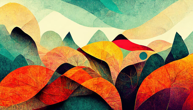 Colorful abstract mixed media grunge landscape background. Modern nature design. 3D illustration.