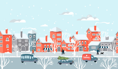 Winter city street with cars and people.Houses and shops with windows, balconies, snow-covered roofs. Various characters in warm clothes, trees and falling snow.Vector cartoon flat style illustration.