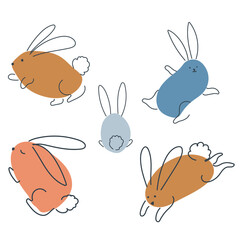 Set of funny rabbits in doodle style. The bunny is a symbol of 2023. Hare Vector graphics isolated on white background.