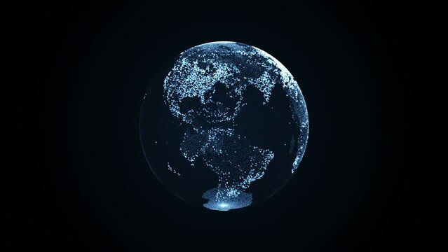 Animation Of Spinning Globe Of The Earth Planet From Blue Particulars On Dark Background, 4K Seamless Loop Earth Globe Animation