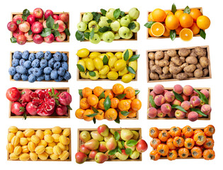 wooden boxes with fresh fruits isolated on white background, top view