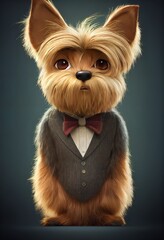 Proud yorkshire terrier dog in business class suit and tie. Dapper, elegant anthropomorphic animal portrai with human body. Cartoon animation character, anime style, 3d illustration.