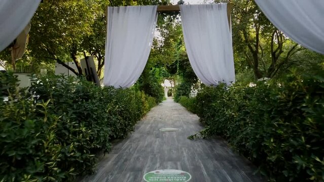 Beautiful wedding setup background ,Aerial drone shot of .
Wedding day event organization table setting decor. luxury event.
