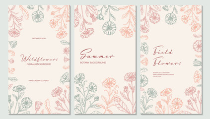 Set of summer flowers vertical packaging designs with hand drawn elements. Vector illustration in sketch style