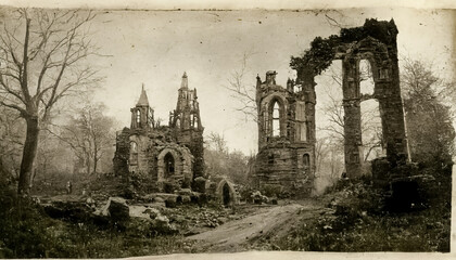 Old photo with creepy cemetery and abandoned church ruins. Mystic gloomy scene. 3D illustration. - obrazy, fototapety, plakaty