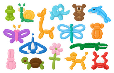 Cartoon animals helium air balloon, birthday celebration balloons. Animal shaped balloon, holiday colorful bubble toys flat vector illustration set. Dog, giraffe and poodle shaped balloons