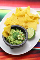 homemade guacamole with tortilla chips, Mexican appetizer