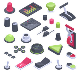 Isometric dashboard switches, toggles, knobs and buttons. Spaceship control panel sliders 3d vector illustration set. Aircraft controllers bundle © GreenSkyStudio