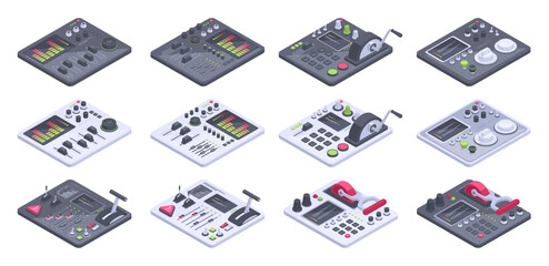Fototapeta premium Isometric dashboards, 3d spaceship control panels. Aircraft panel with controllers, buttons and sliders vector illustration collection. Toggle switches panel