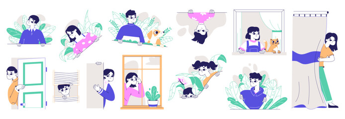 Peeping curious people, spying through window, searching characters. Men and women secretly looking out, spying observing around flat vector illustration collection. Curious persons monitoring set