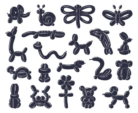 Animals balloon silhouettes, animal helium air balloons. Birthday party celebration dog, elephant, giraffe and turtle shaped flat vector illustration set. Cartoon air balloon silhouette