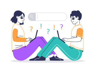 Characters searching online, people with search bars. Man and woman surfing internet, web searching and answer finding flat vector illustration. Searching bars concept