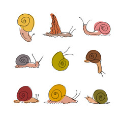 Set of cute fanny snails. Vector drawn collection