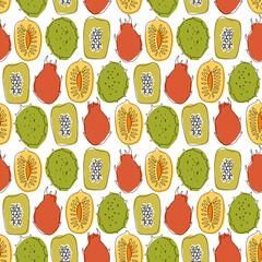 Seamless vector pattern with tropical exotic fruits, mango, papaya, durian, carambola, cute drawn background - 538673397