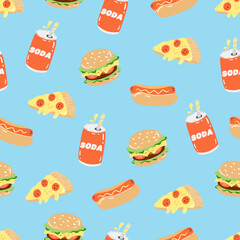 Seamless pattern with fast food elements on blue background. Pizza, burger, soda and hot dog. Perfect for menu or food package design. Cartoon cute hand drawn illustration