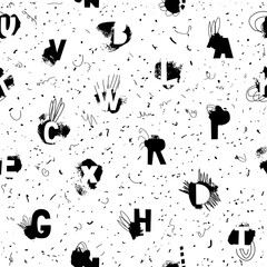 Pattern with grunge dots, ink stains. Vector alphabet English. Grunge texture. Calligraphic background