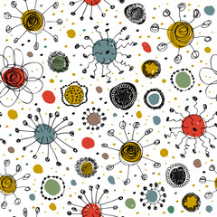 Seamless pattern with different drawn viruses. Vector colorfull texture with abstract round shapes, decorative background for web pages, design, templates