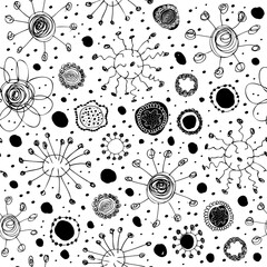 Seamless pattern with different drawn viruses. Vector unusial texture with abstract round shapes, decorative background for web pages, design, templates