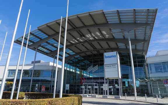 Munich, Bavaria, Germany &ndash; Oct. 16, 2022: entrance of the grounds of the Munich Trade Fair Center, where BAUMA 2022 is being set up, world's leading trade fair for construction machines and technology