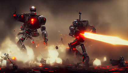 Fototapeta premium Robots fight on a battlefield. XXI century war. Epic battle between humans and robots