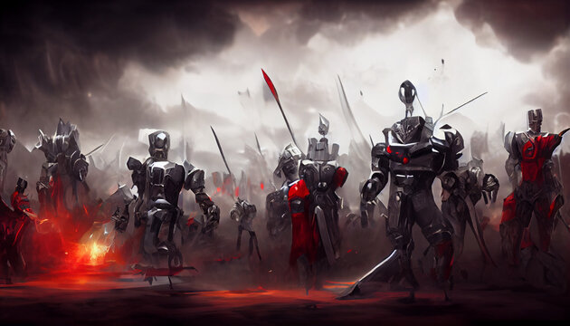 army of robots is ready to face another foe. Black, red, white colors, smoke and fire in the bakcground