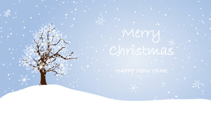 Winter landscape illustration. Abandoned tree in snowy nature, snowfall. Merry Christmas and Happy New Year card.
