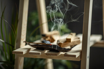 magical smoke from a burning incense stick on an incense stand on a wooden shelf in the interior...