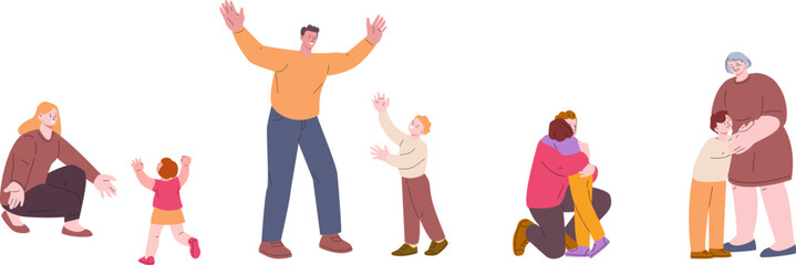 Kids need hugs. Cartoon parents and children, happy hug and support. Mother, father and grandmother supporting baby, vector family characters