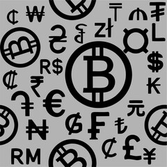 seamless black pattern of graphic symbols of different currencies of the world on a gray background, texture, design