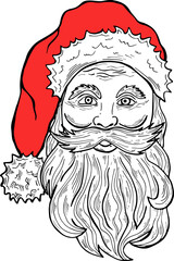Santa in red hat line art. Hand drawing vector Christmas illustration.