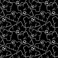 seamless contour pattern of graphic flying white ghosts on a black background, texture, design